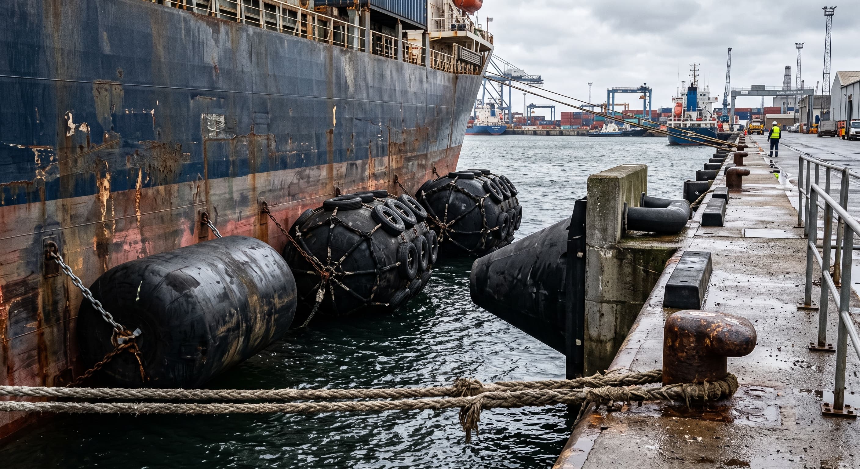 Commercial harbor quay lined with several types of black rubber marine fenders as a cargo vessel rests alongside