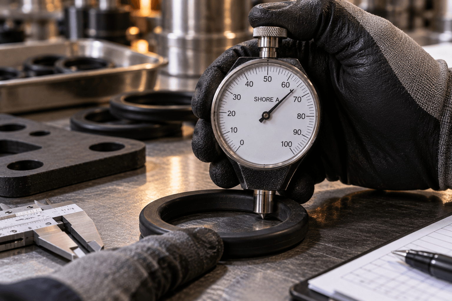 Technician pressing a handheld Shore A durometer gauge against a black rubber gasket to measure hardness