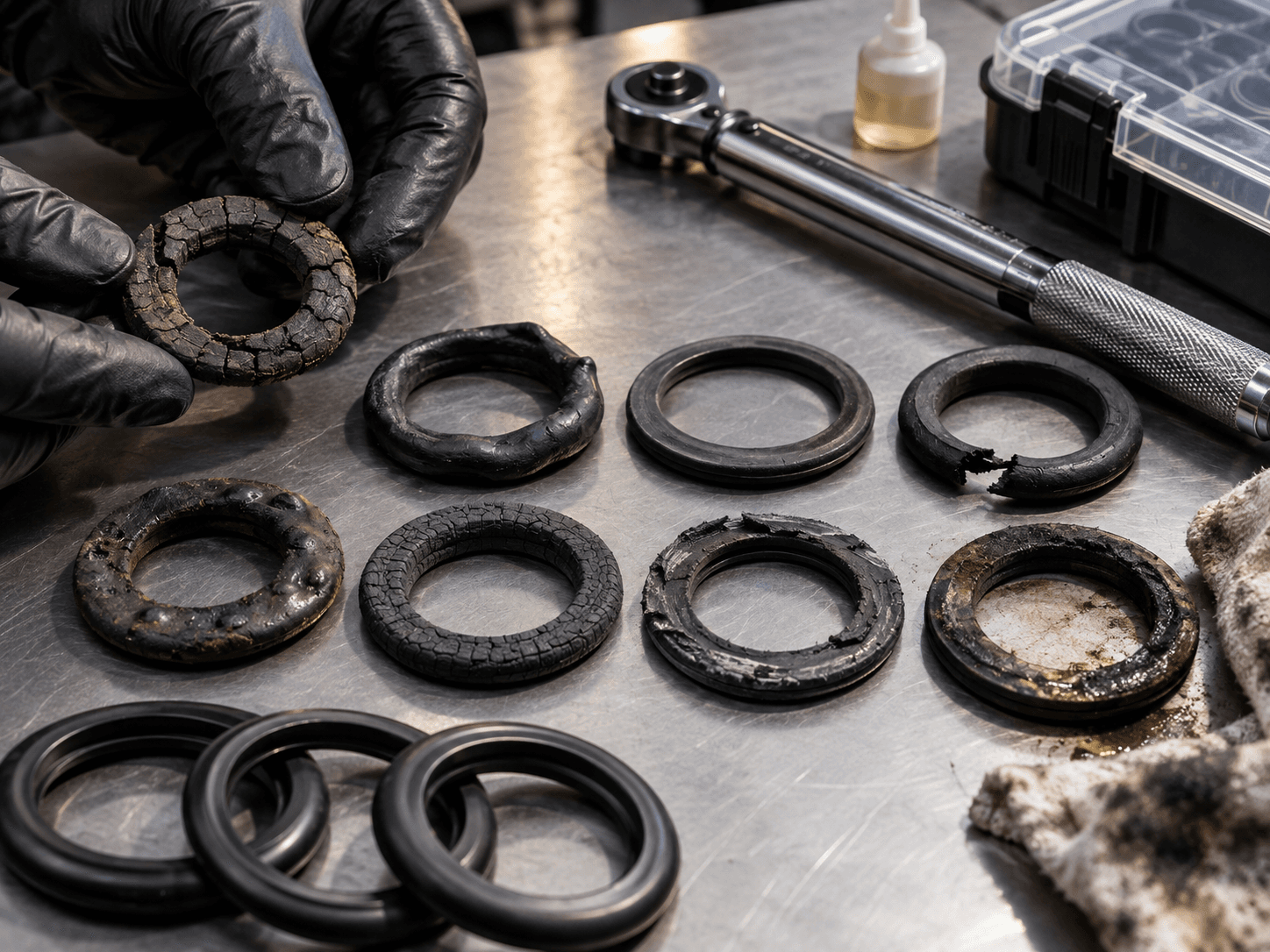 Worn rubber gaskets with cracks, swelling, and compression damage laid out on a workshop bench beside pristine replacements