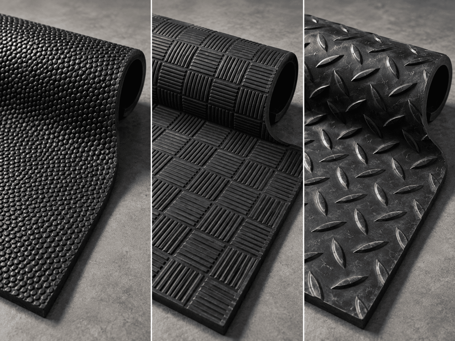 Side by side comparison of black rubber matting samples with pebble, checkered, and diamond plate textures