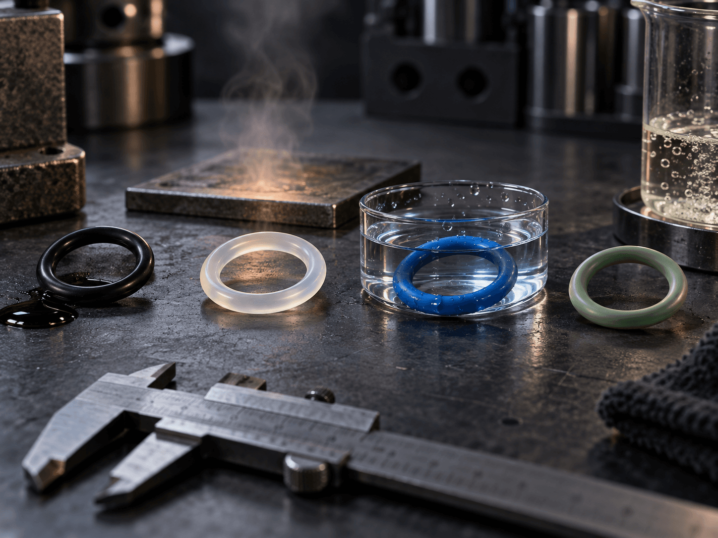 Four O-rings in different colors arranged on a dark workbench beside oil, water, and chemical samples and a precision caliper