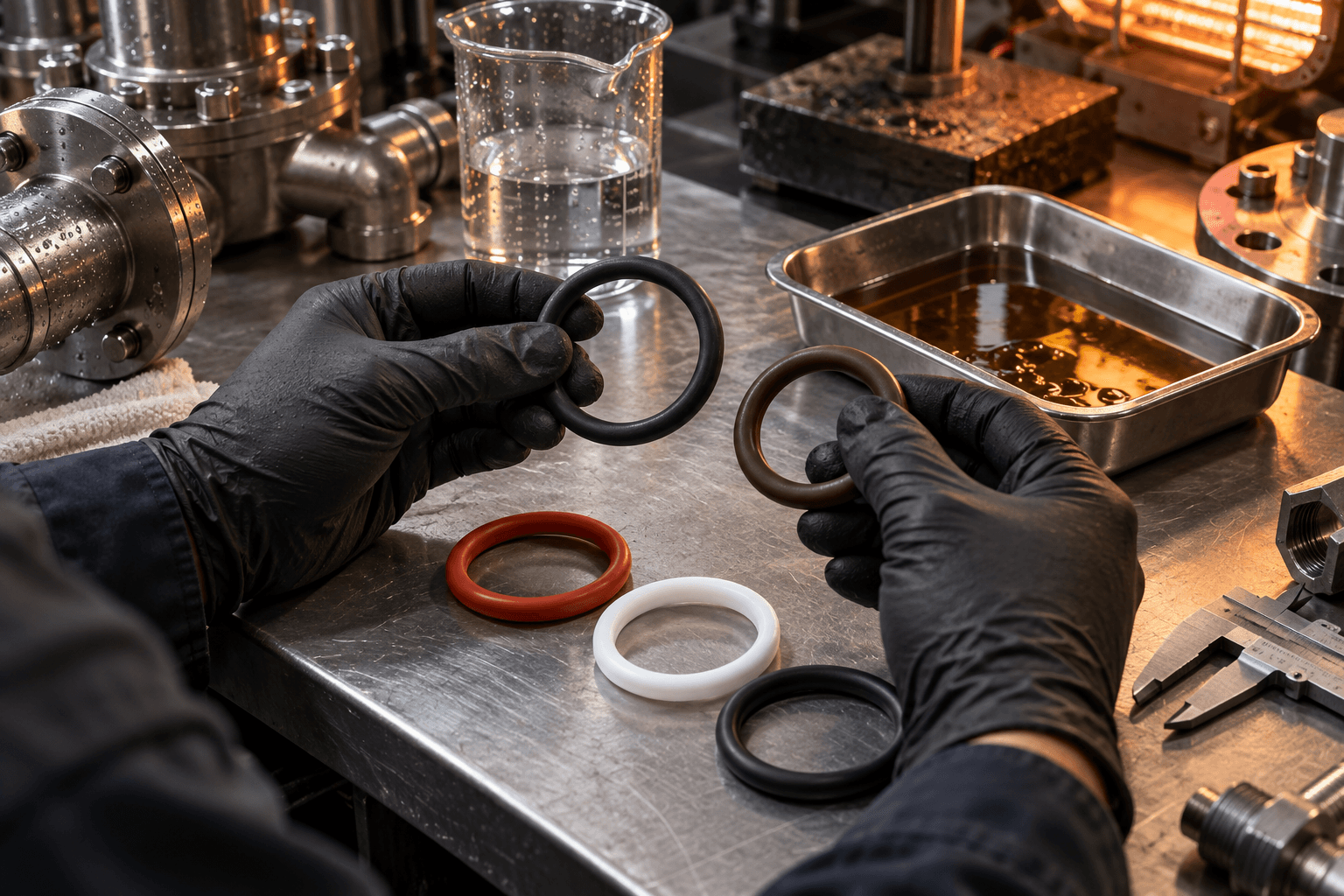 Gloved hands comparing black, brown, red, and white rubber gasket samples on a metal workbench with pipe fittings and an oil tray