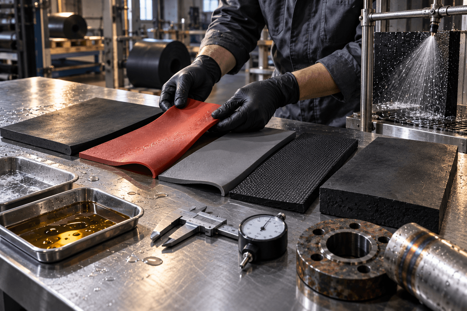 Engineer in a workshop comparing rubber sheet samples of different materials and thicknesses on a steel workbench
