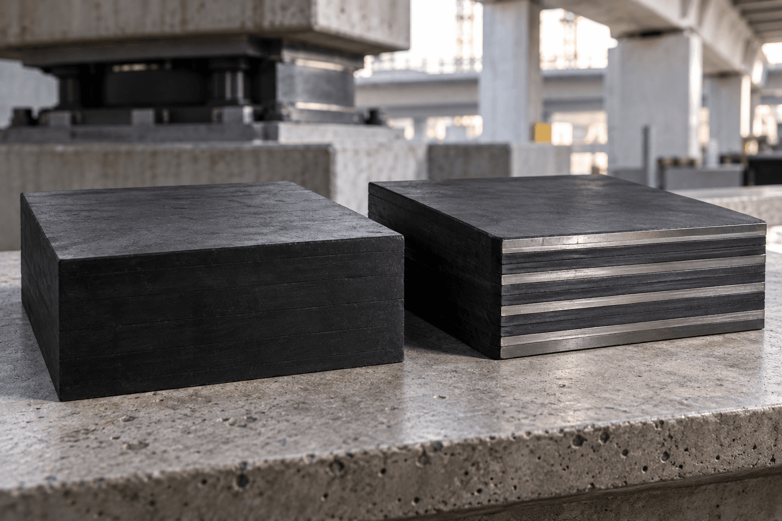 Plain solid rubber bearing pad beside a steel-laminated elastomeric pad showing alternating rubber and steel layers along its cut edge, on a concrete workbench