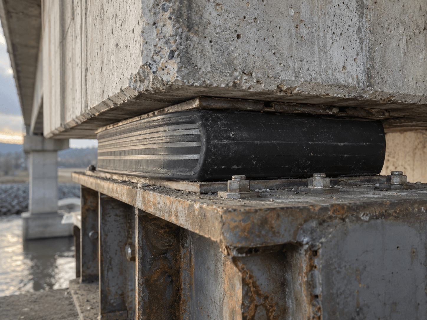 Black elastomeric bearing pad compressed between a concrete pier cap and a steel girder on a bridge support, with layered rubber and steel laminations visible along its edge